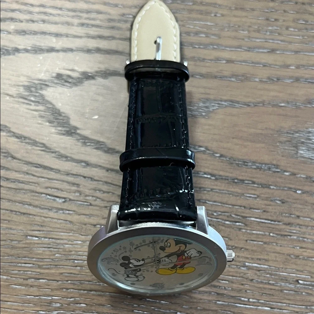 Mickey Through the‎ Years Silvertone Watch with Black Leather Strap NIB
